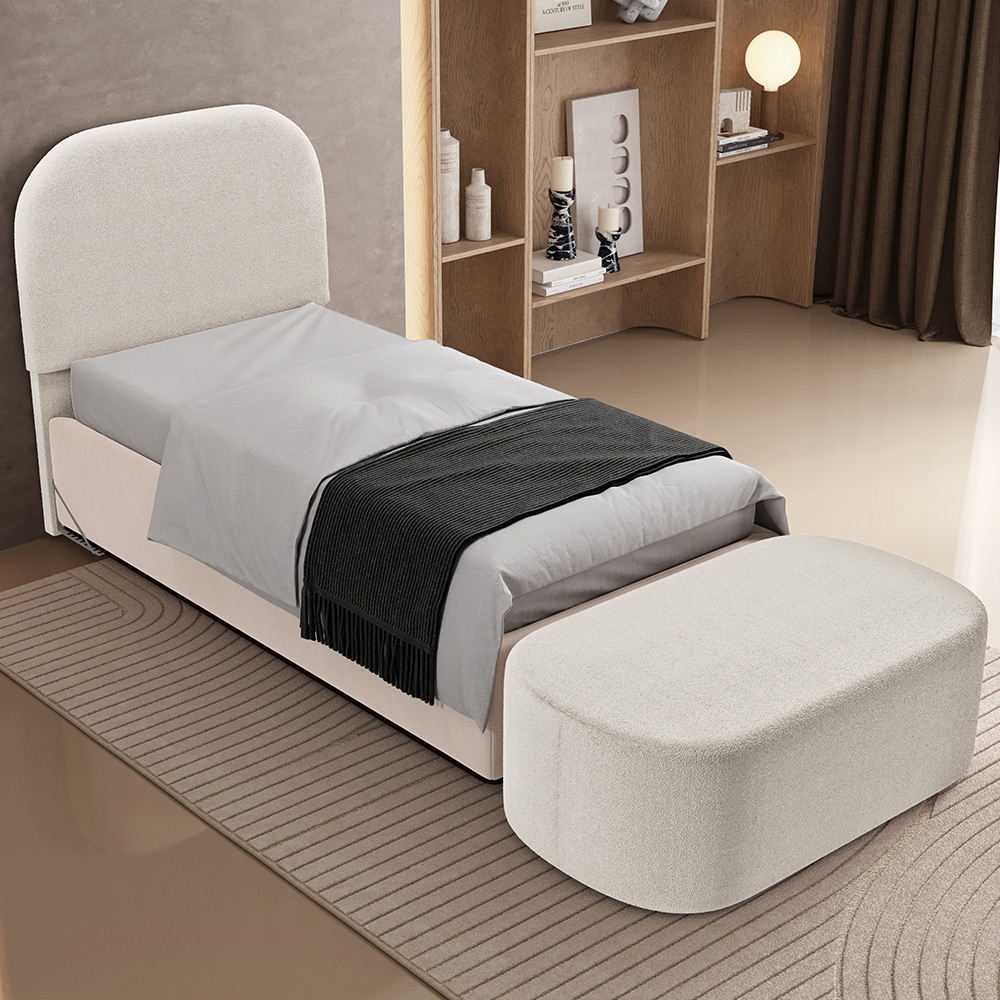 Cabeceira Cama Box 100cm Lanna com Puff Recamier Doha W01 Bouclê Creme - Lyam Decor