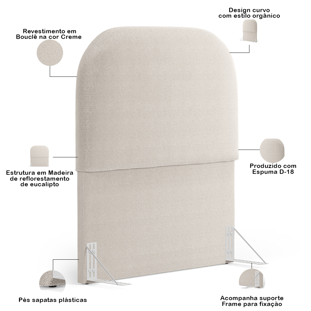 Cabeceira Cama Box 100cm Lanna com Puff Recamier Doha W01 Bouclê Creme - Lyam Decor