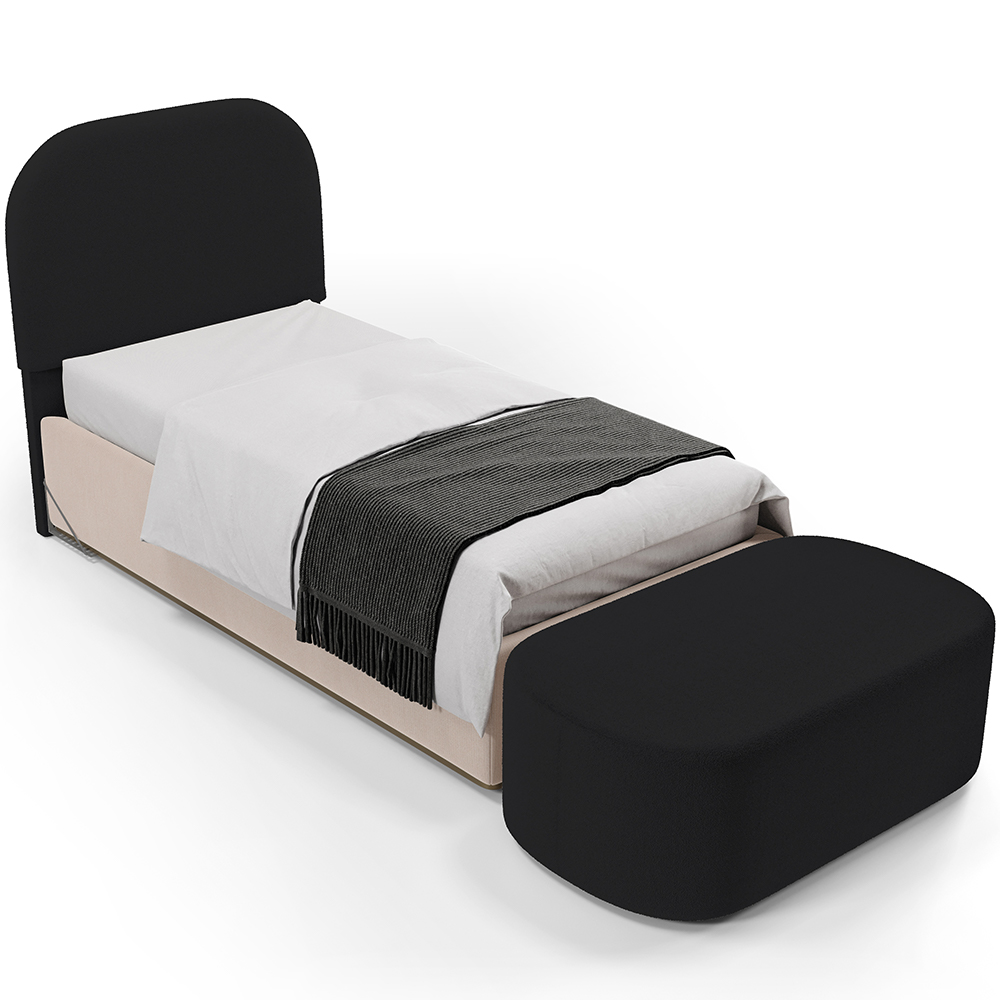 Cabeceira Cama Box 100cm Lanna com Puff Recamier Doha W01 Bouclê Preto - Lyam Decor