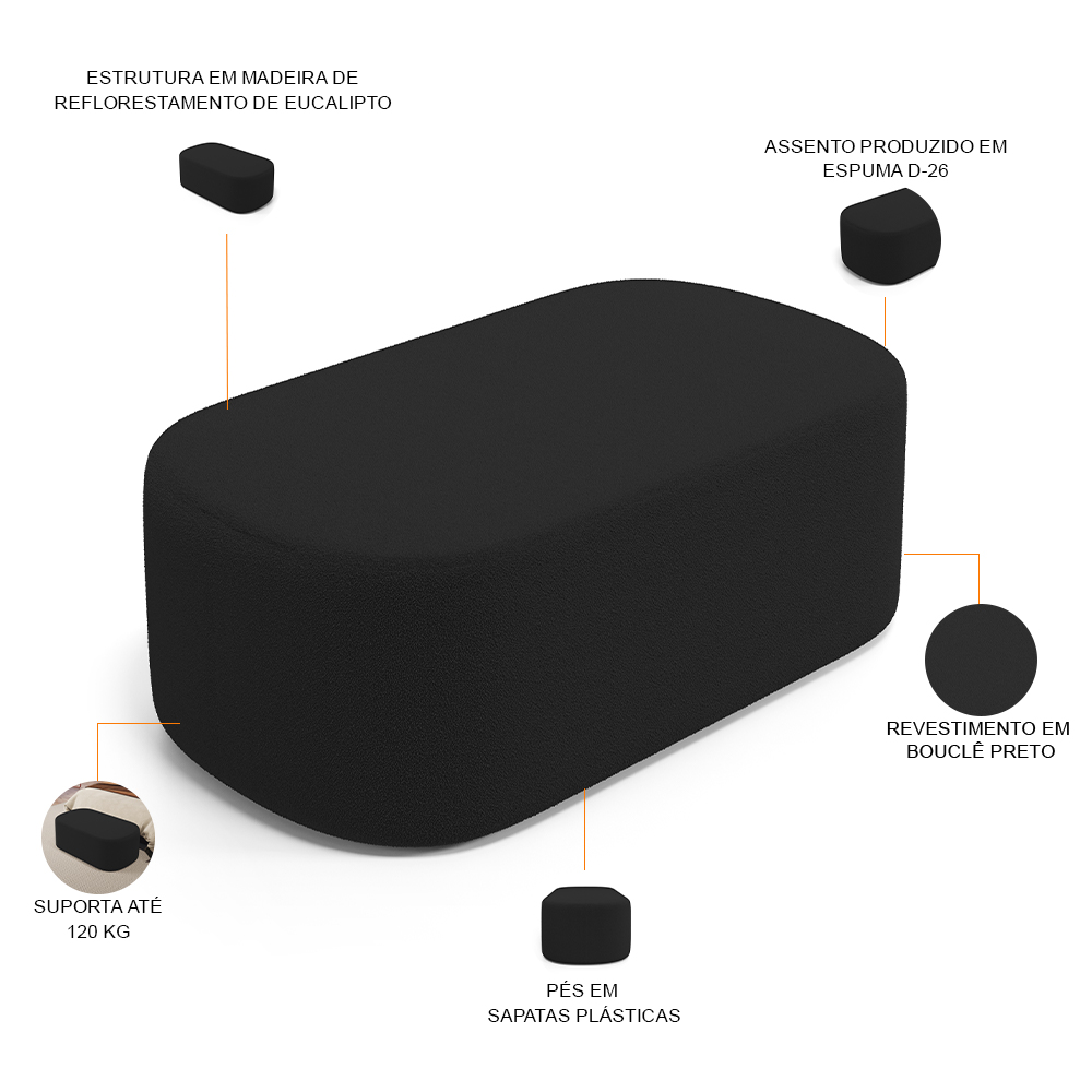 Cabeceira Cama Box 100cm Lanna com Puff Recamier Doha W01 Bouclê Preto - Lyam Decor