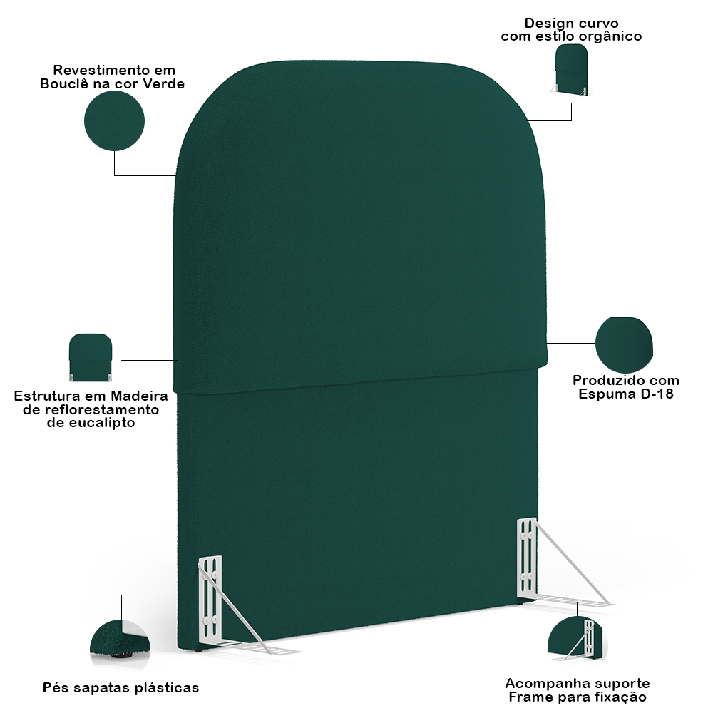 Cabeceira Cama Box 100cm Lanna com Puff Recamier Doha W01 Bouclê Verde - Lyam Decor
