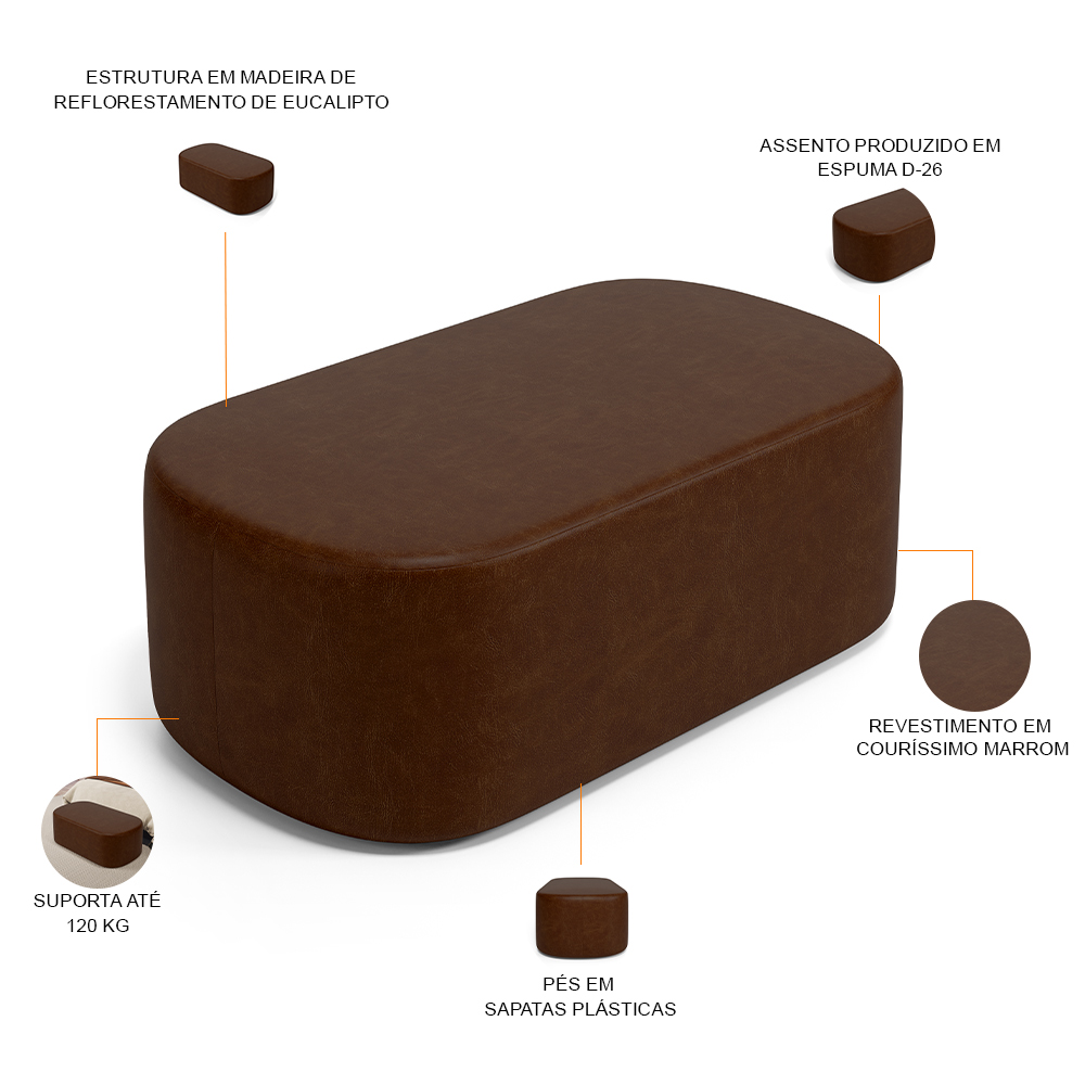 Cabeceira Cama Box 100cm Lanna com Puff Recamier Doha W01 Couríssimo Marrom - Lyam Decor