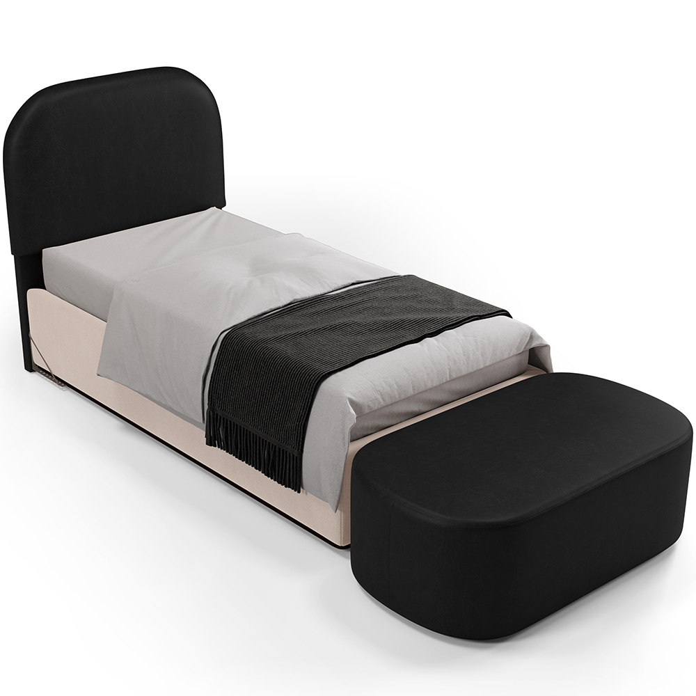 Cabeceira Cama Box 100cm Lanna com Puff Recamier Doha W01 Couríssimo Preto - Lyam Decor