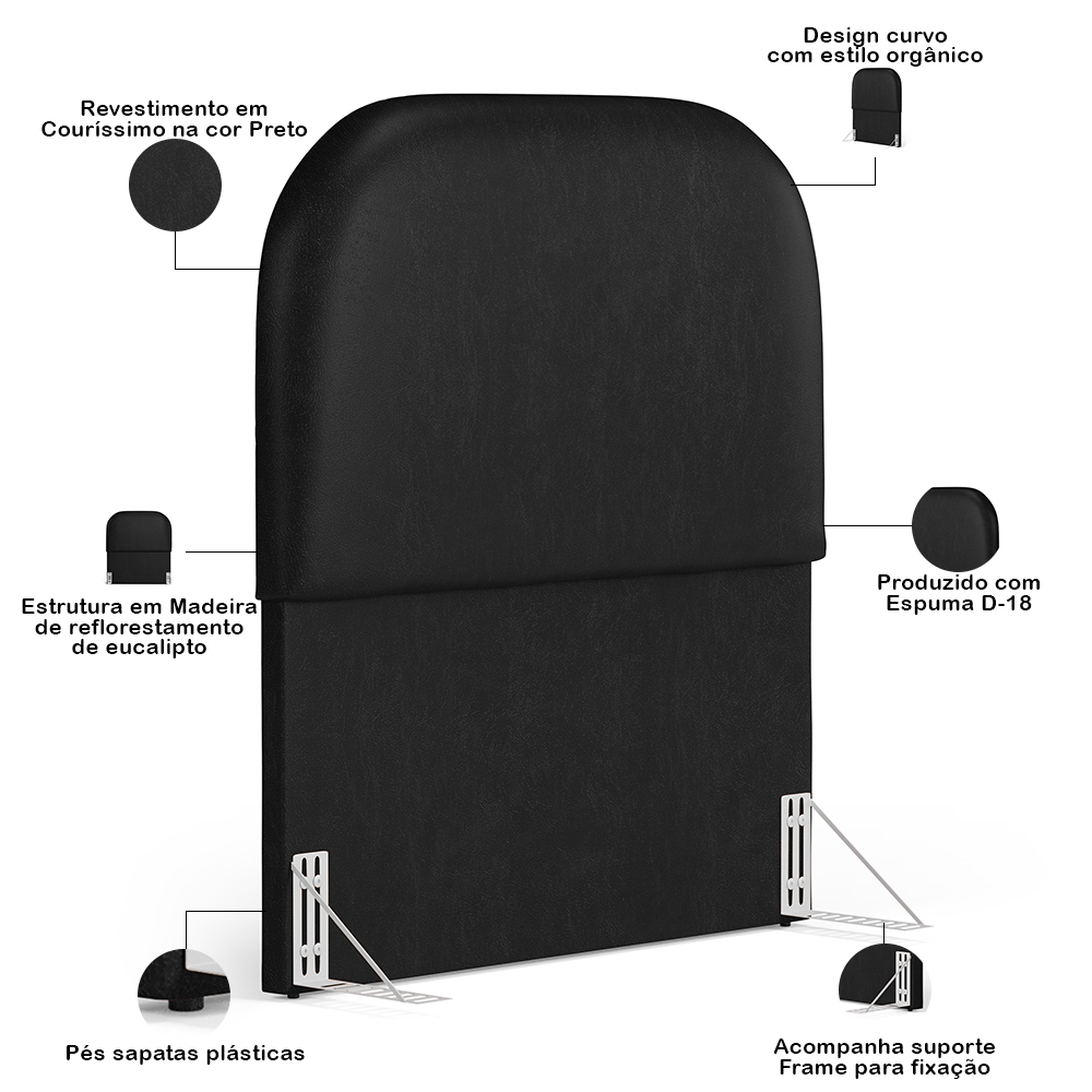 Cabeceira Cama Box 100cm Lanna com Puff Recamier Doha W01 Couríssimo Preto - Lyam Decor