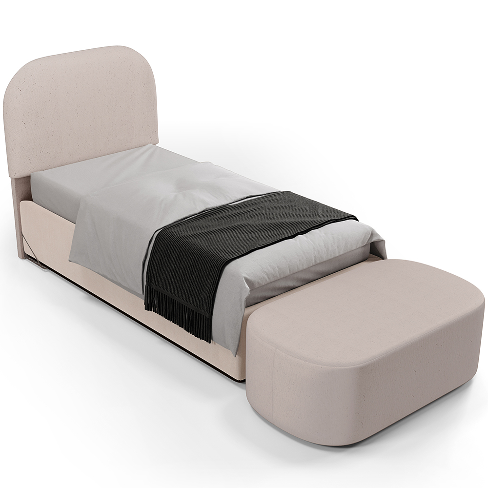 Cabeceira Cama Box 100cm Lanna com Puff Recamier Doha W01 Linho Bege - Lyam Decor