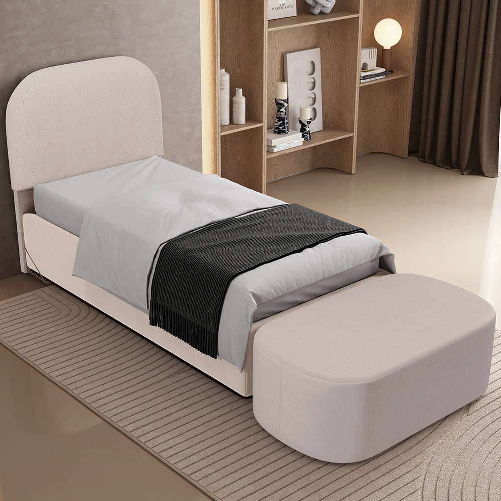 Cabeceira Cama Box 100cm Lanna com Puff Recamier Doha W01 Linho Bege - Lyam Decor
