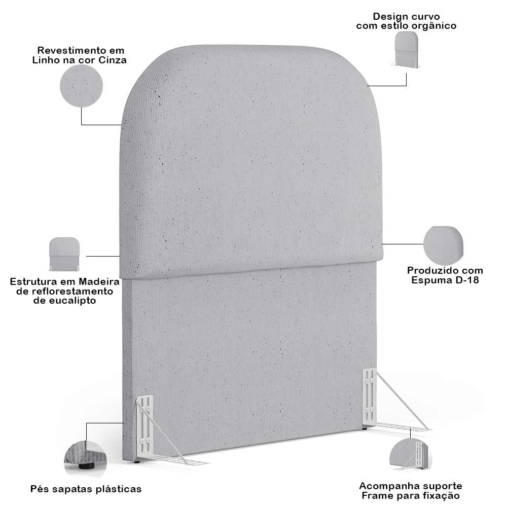 Cabeceira Cama Box 100cm Lanna com Puff Recamier Doha W01 Linho Cinza - Lyam Decor