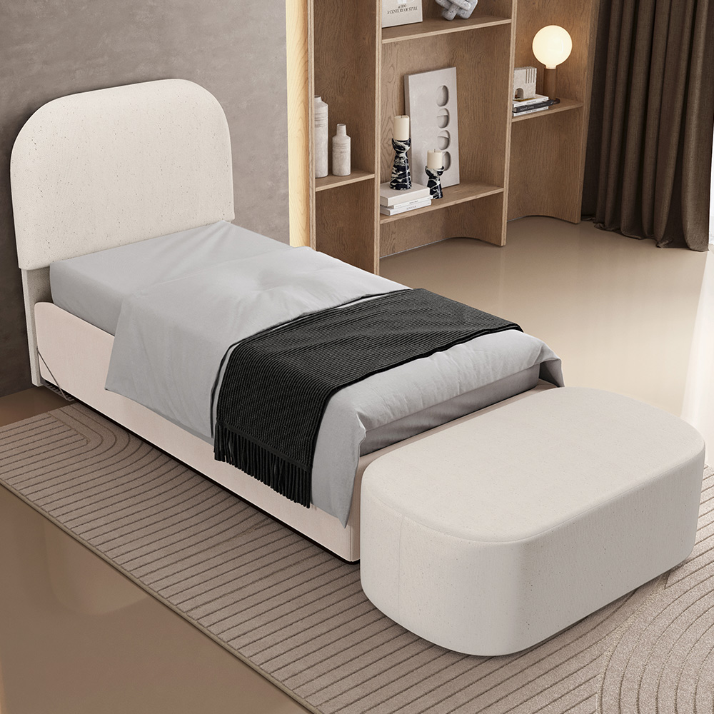 Cabeceira Cama Box 100cm Lanna com Puff Recamier Doha W01 Linho Cru - Lyam Decor