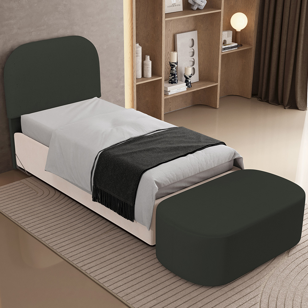 Cabeceira Cama Box 100cm Lanna com Puff Recamier Doha W01 Linho Verde Musgo - Lyam Decor