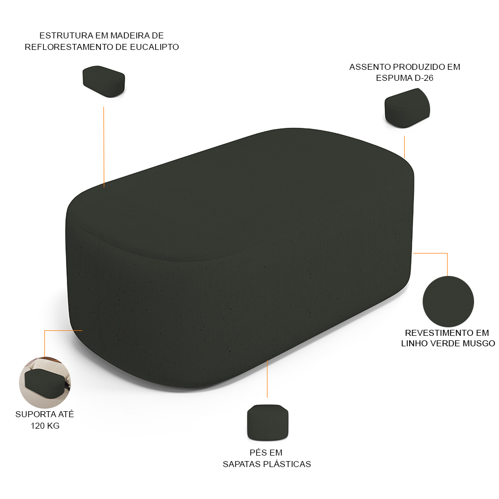 Cabeceira Cama Box 100cm Lanna com Puff Recamier Doha W01 Linho Verde Musgo - Lyam Decor