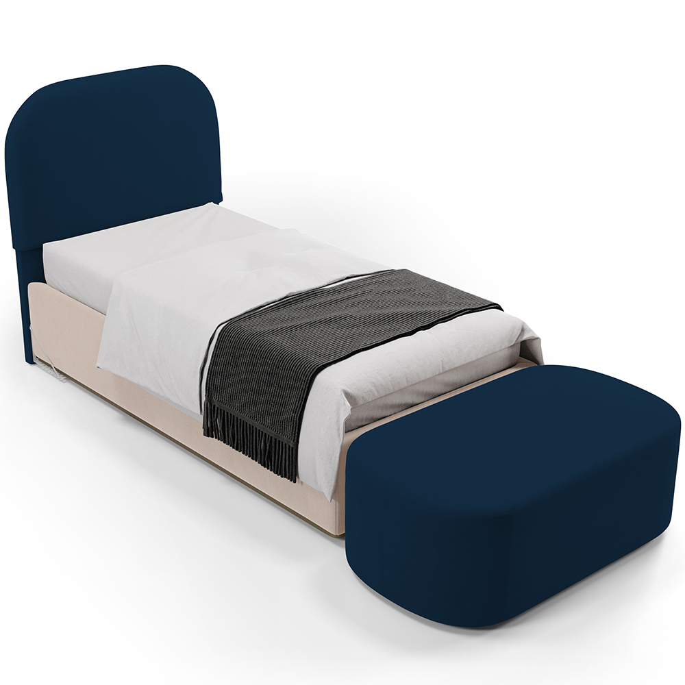 Cabeceira Cama Box 100cm Lanna com Puff Recamier Doha W01 Suede Azul Marinho - Lyam Decor