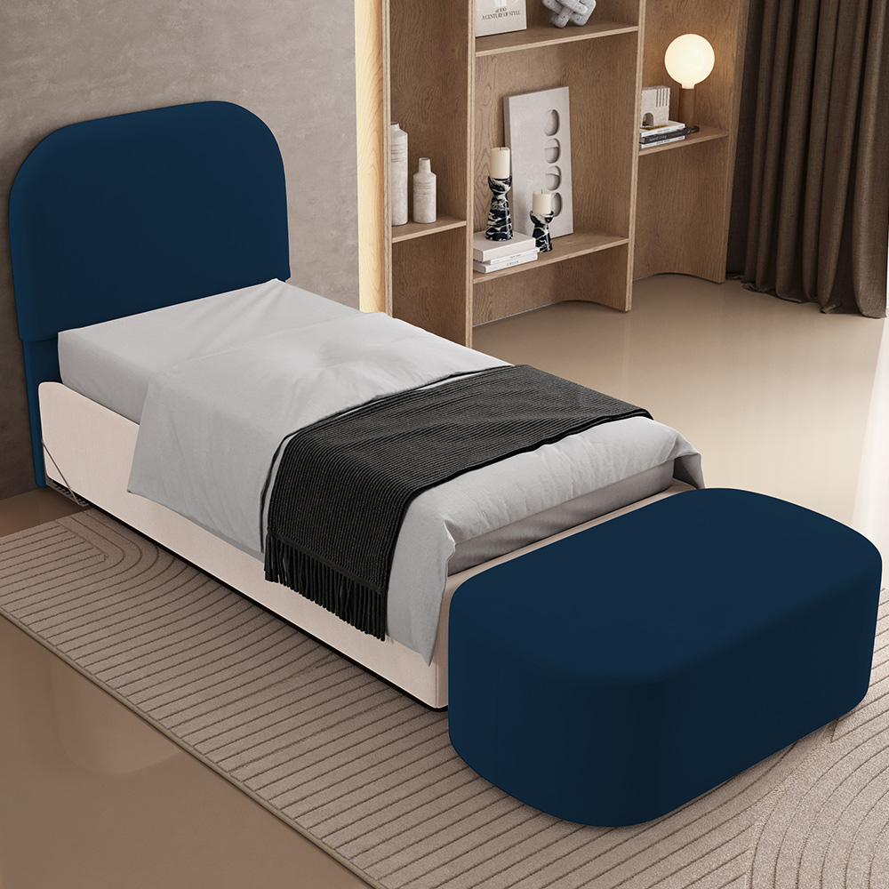 Cabeceira Cama Box 100cm Lanna com Puff Recamier Doha W01 Suede Azul Marinho - Lyam Decor