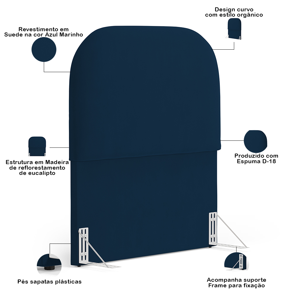 Cabeceira Cama Box 100cm Lanna com Puff Recamier Doha W01 Suede Azul Marinho - Lyam Decor