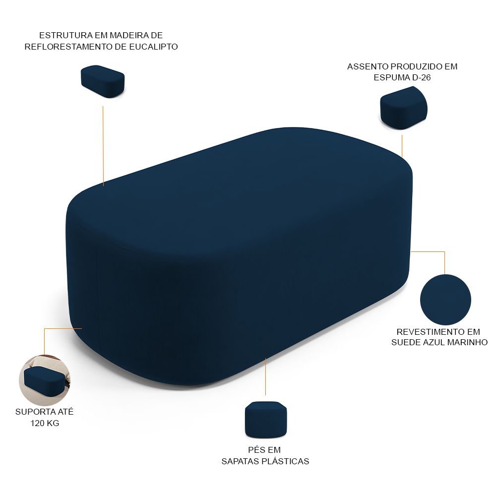 Cabeceira Cama Box 100cm Lanna com Puff Recamier Doha W01 Suede Azul Marinho - Lyam Decor
