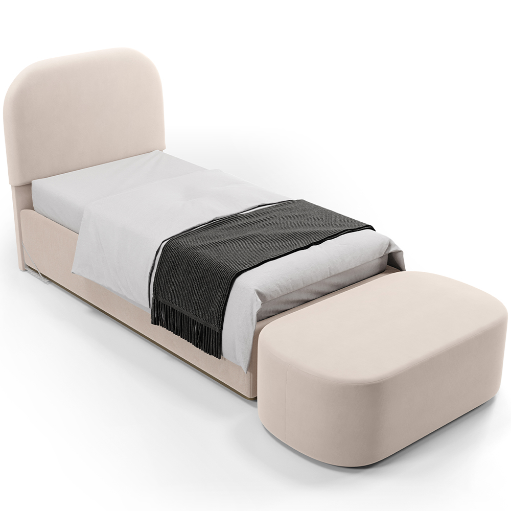 Cabeceira Cama Box 100cm Lanna com Puff Recamier Doha W01 Suede Bege - Lyam Decor