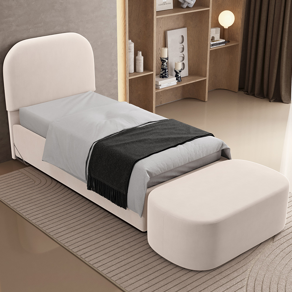 Cabeceira Cama Box 100cm Lanna com Puff Recamier Doha W01 Suede Bege - Lyam Decor