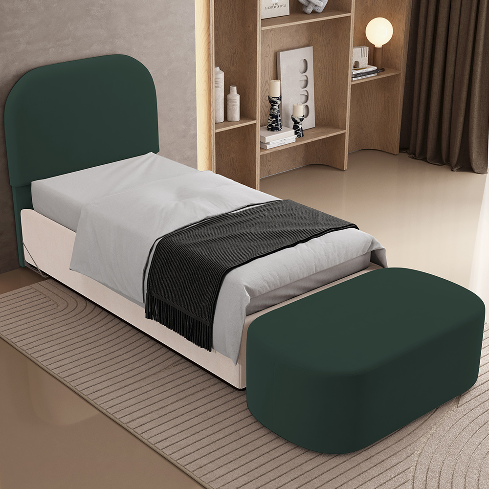 Cabeceira Cama Box 100cm Lanna com Puff Recamier Doha W01 Suede Verde Musgo - Lyam Decor