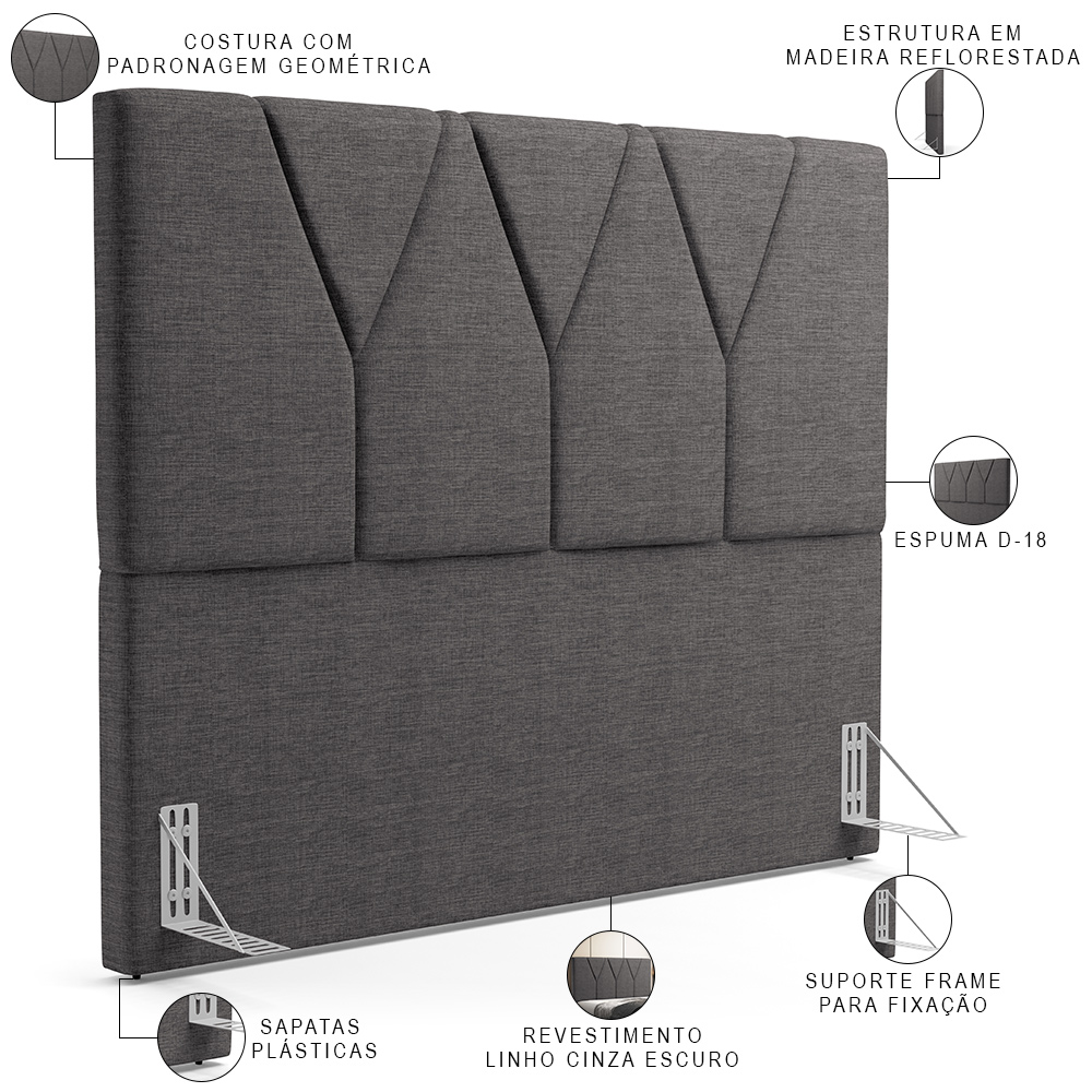 Cabeceira Cama Box Casal 140 cm Aurora W01 Linho Cinza Escuro - Lyam Decor
