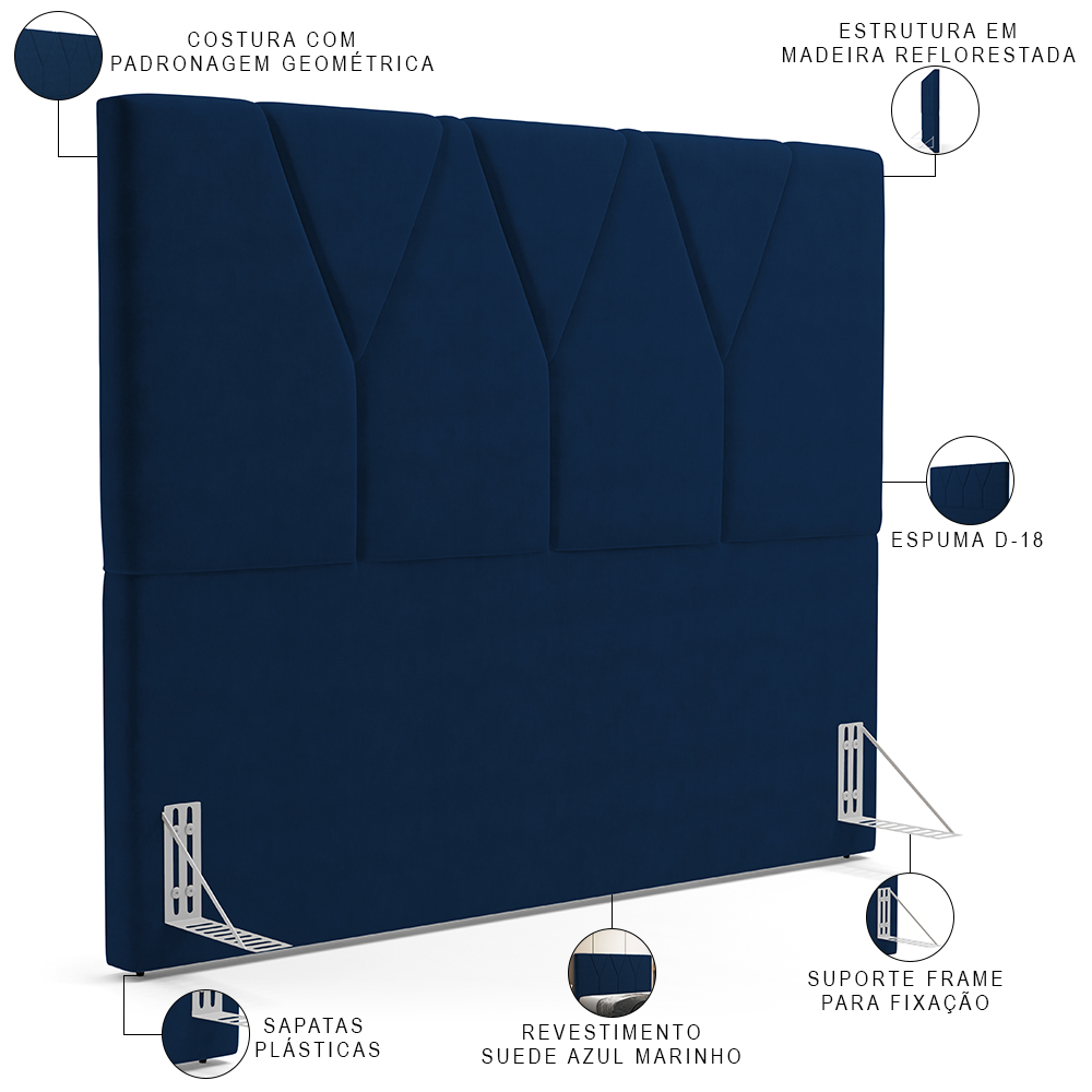Cabeceira Cama Box Casal 140 cm Aurora W01 Suede Azul Marinho - Lyam Decor