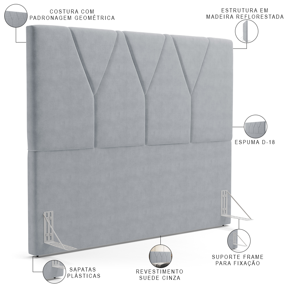 Cabeceira Cama Box Casal 140 cm Aurora W01 Suede Cinza - Lyam Decor