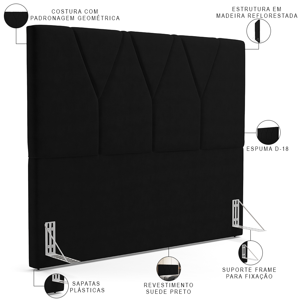 Cabeceira Cama Box Casal 140 cm Aurora W01 Suede Preto - Lyam Decor