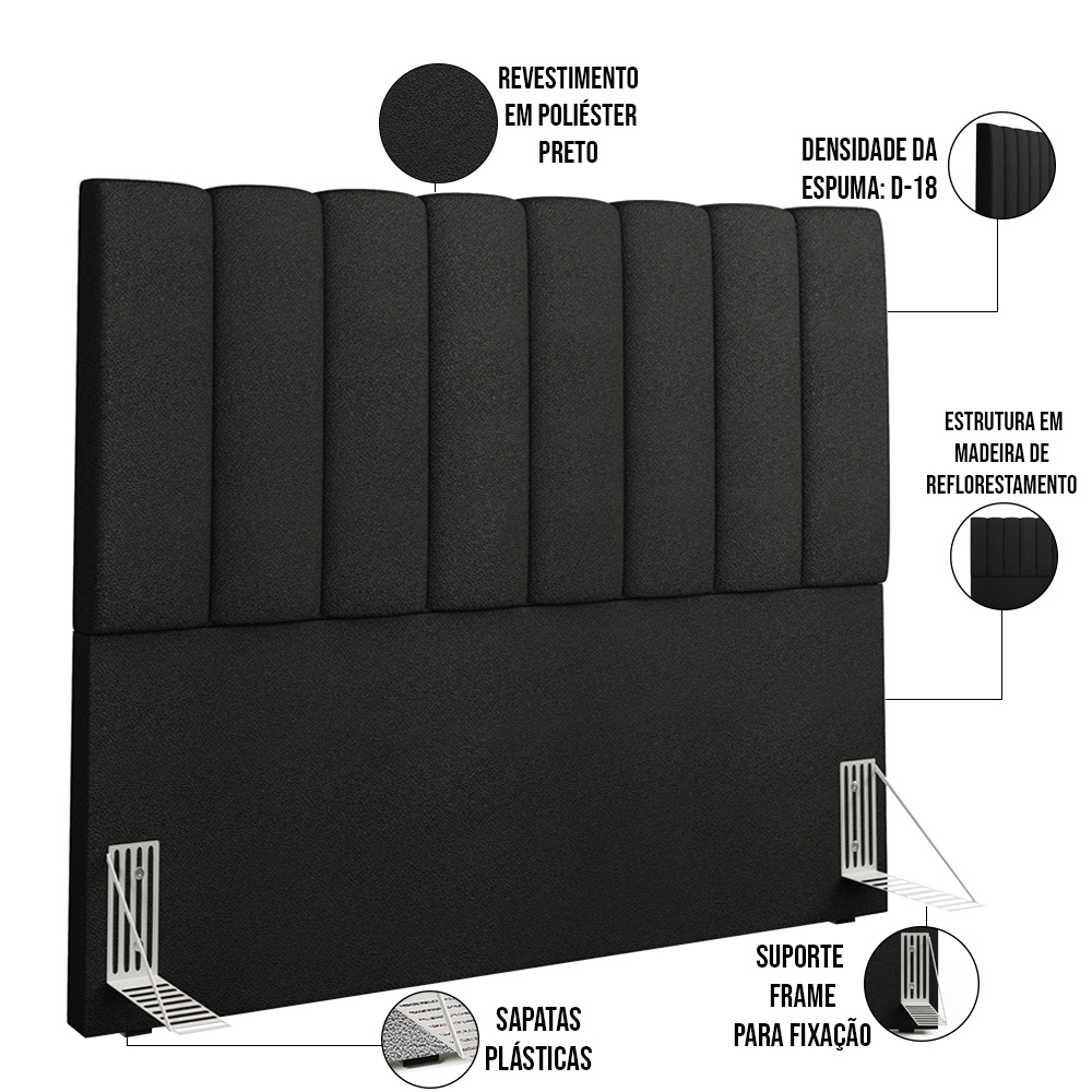 Cabeceira Cama Box Casal 140 cm Dália W01 Poliéster Preto - Lyam
