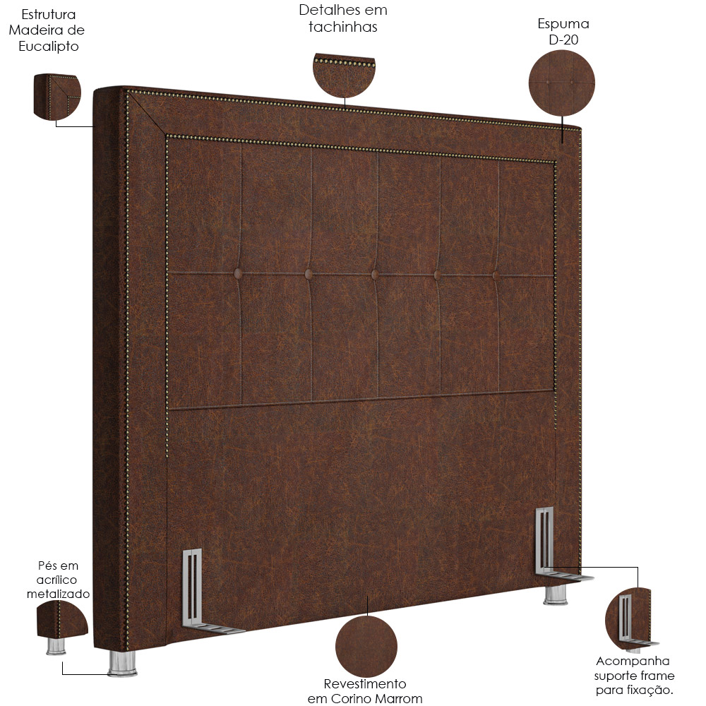 Cabeceira Cama Box Casal 140 cm P05 Atenas Corino Marrom - Lyam Decor