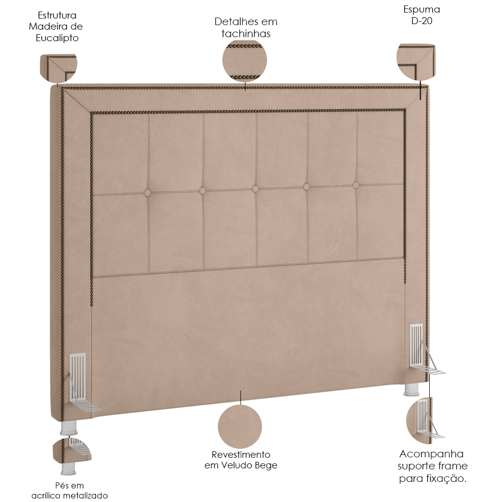 Cabeceira Cama Box Casal 140 cm P05 Atenas Veludo Bege - Lyam Decor