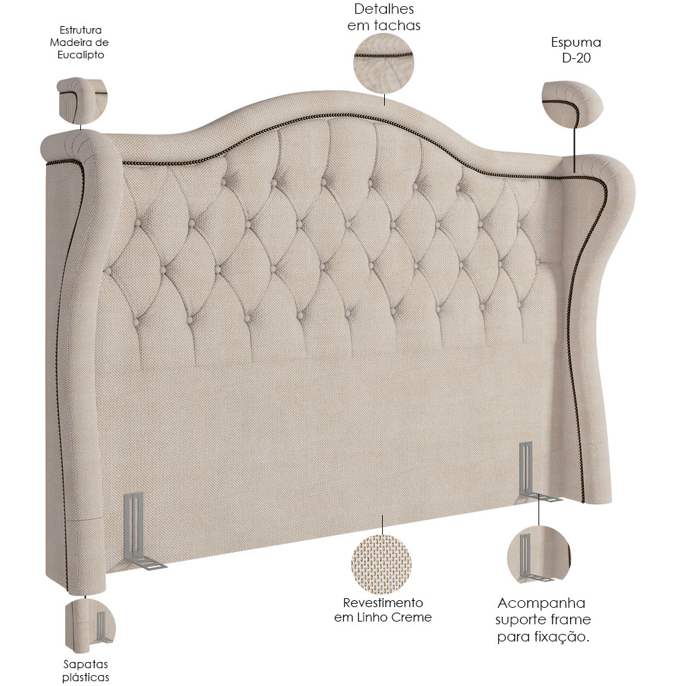 Cabeceira Cama Box Casal 140 cm P05 Lisboa Linho Creme - Lyam Decor