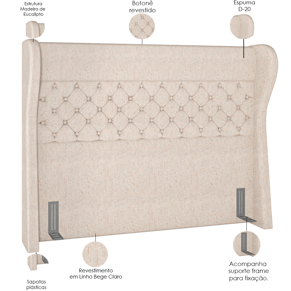 Cabeceira Cama Box Casal 140 cm P05 Madrid Linho Bege Claro - Lyam Decor