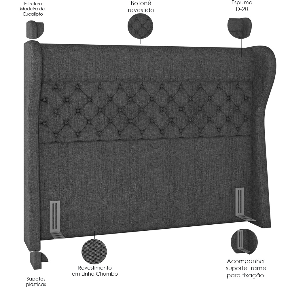 Cabeceira Cama Box Casal 140 cm P05 Madrid Linho Cinza Escuro - Lyam Decor