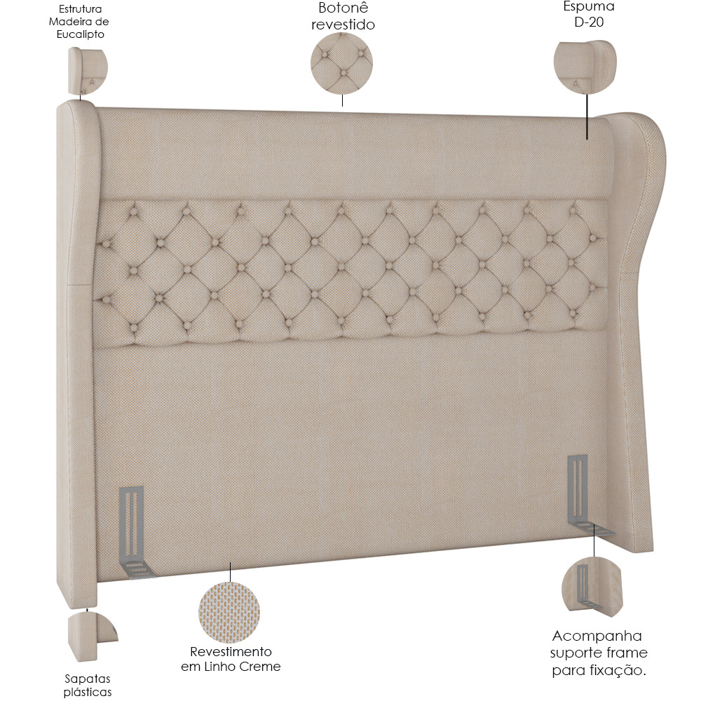 Cabeceira Cama Box Casal 140 cm P05 Madrid Linho Creme - Lyam Decor