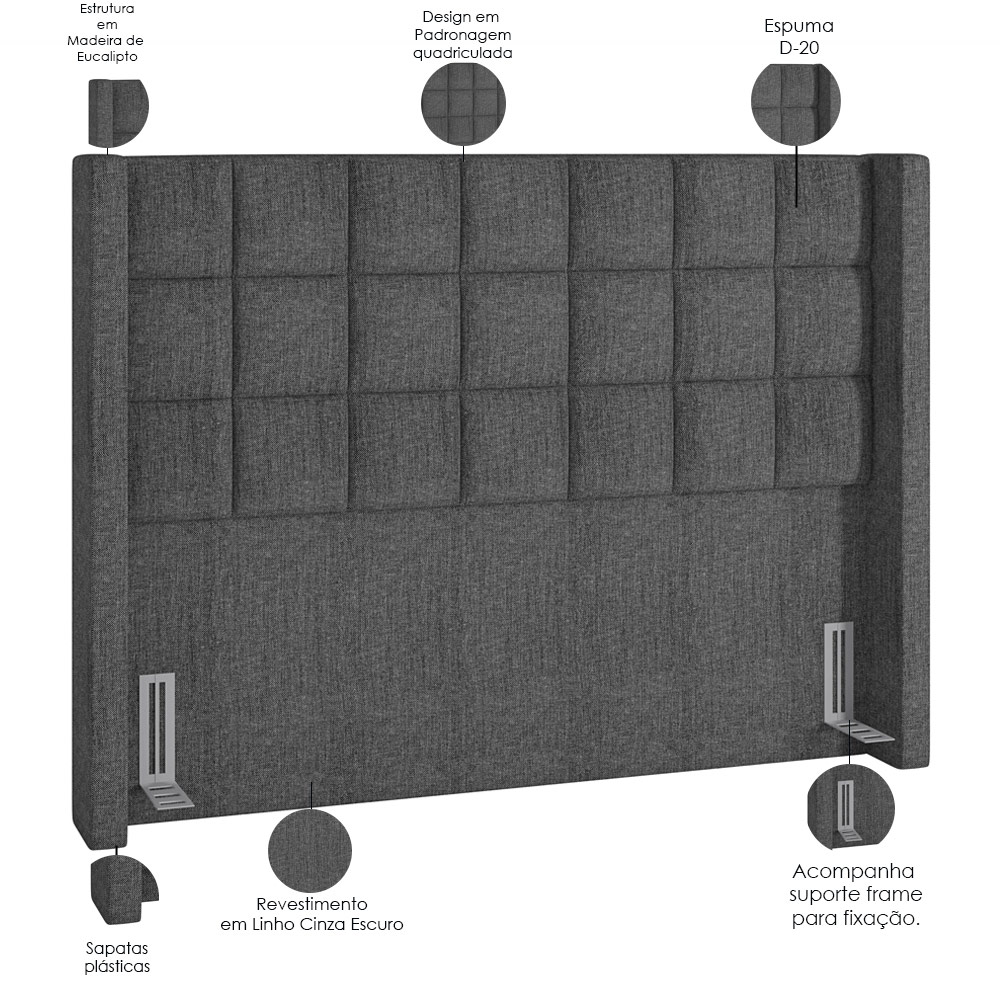 Cabeceira Cama Box Casal 140 cm P05 Paris Linho Cinza Escuro - Lyam Decor