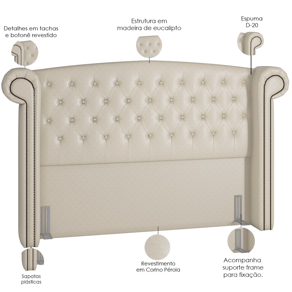 Cabeceira Cama Box Casal 140 cm P05 Sofia Facto Dunas Pérola - Lyam Decor