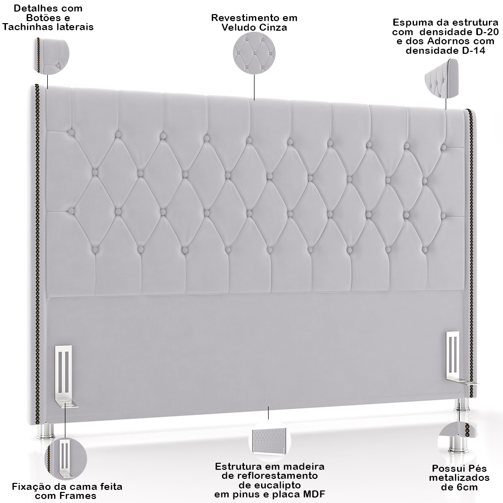 Cabeceira Cama Box Casal 140cm Estofada Frizza P05 Veludo Cinza - Lyam Decor