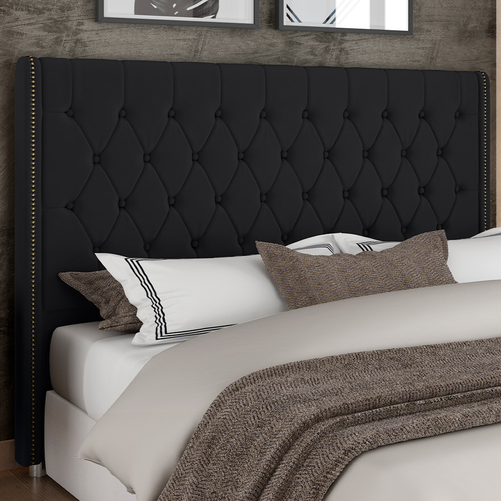 Cabeceira Cama Box Casal 140cm Estofada Frizza P05 Veludo Preto - Lyam Decor