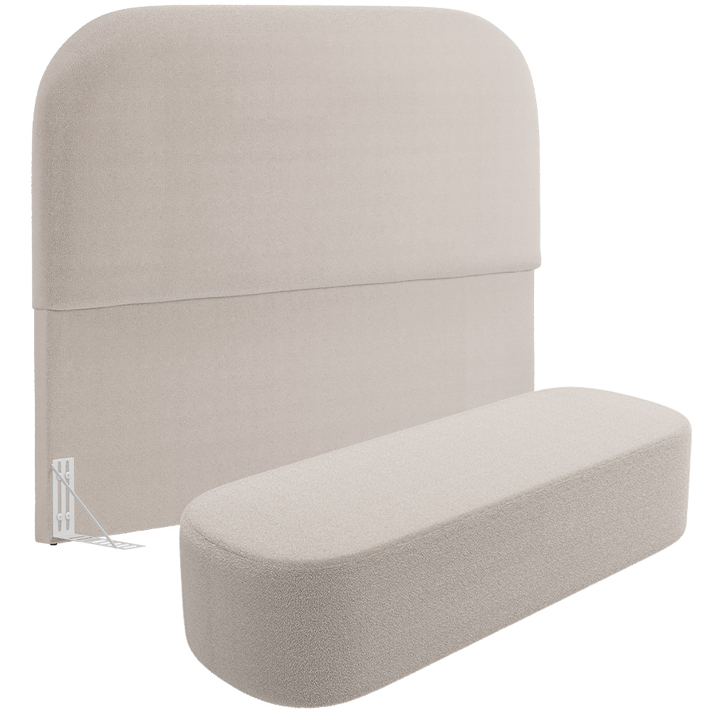 Cabeceira Cama Box Casal 140cm Lanna com Puff Recamier Doha W01 Bouclê Creme - Lyam Decor