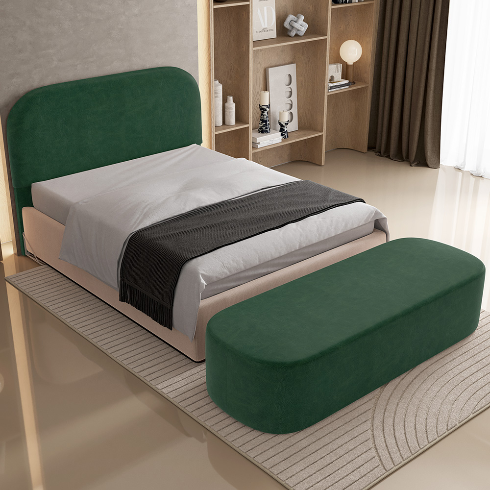 Cabeceira Cama Box Casal 140cm Lanna com Puff Recamier Doha W01 Couríssimo Verde - Lyam Decor