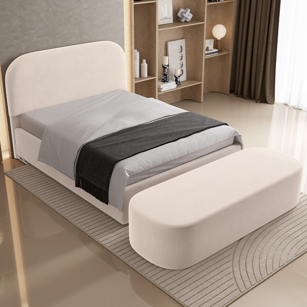 Cabeceira Cama Box Casal 140cm Lanna com Puff Recamier Doha W01 Suede Bege - Lyam Decor