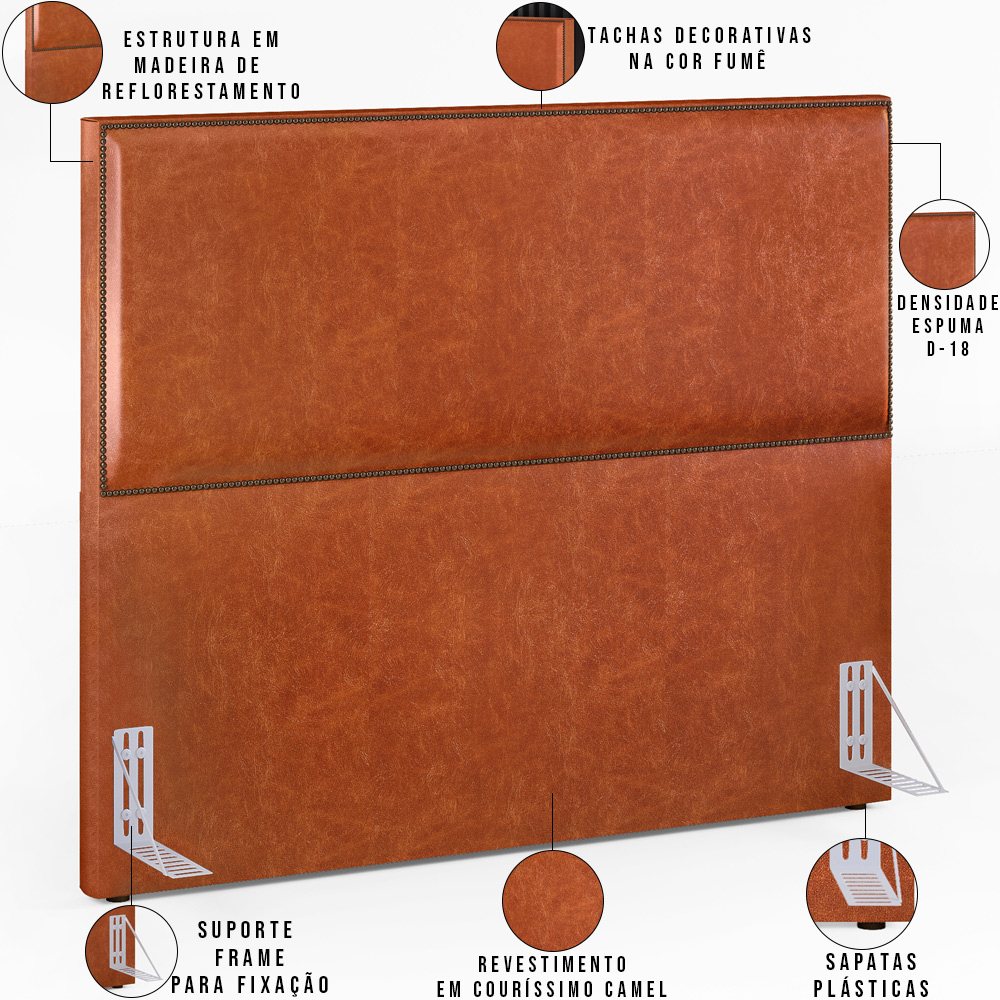 Cabeceira Cama Box Casal Com Tachas 140 cm Vicenza L02 Couríssimo Camel - Lyam Decor