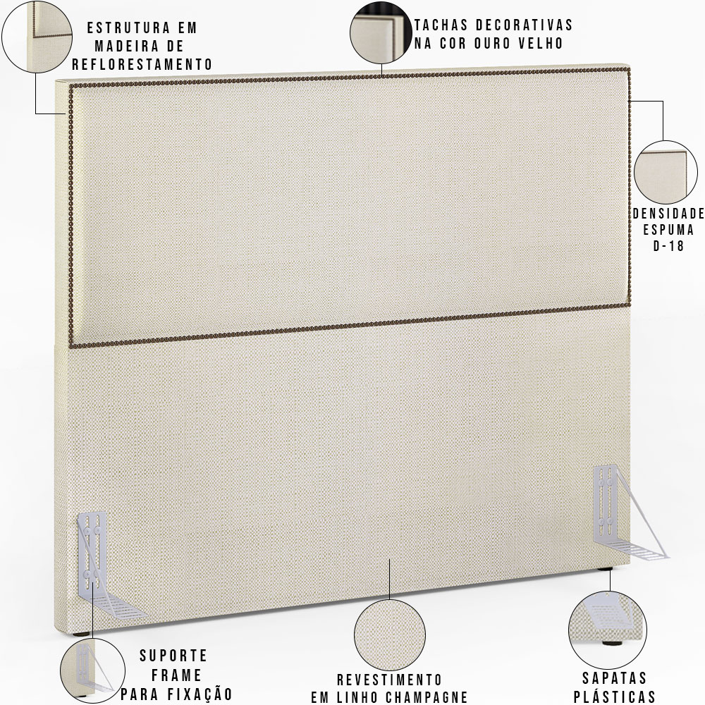 Cabeceira Cama Box Casal Com Tachas 140 cm Vicenza L02 Linho Champagne - Lyam Decor