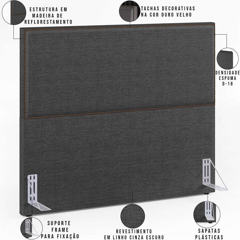 Cabeceira Cama Box Casal Com Tachas 140 cm Vicenza L02 Linho Cinza Escuro - Lyam Decor