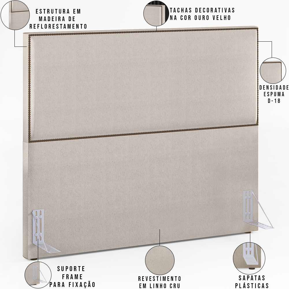 Cabeceira Cama Box Casal Com Tachas 140 cm Vicenza L02 Linho Cru - Lyam Decor