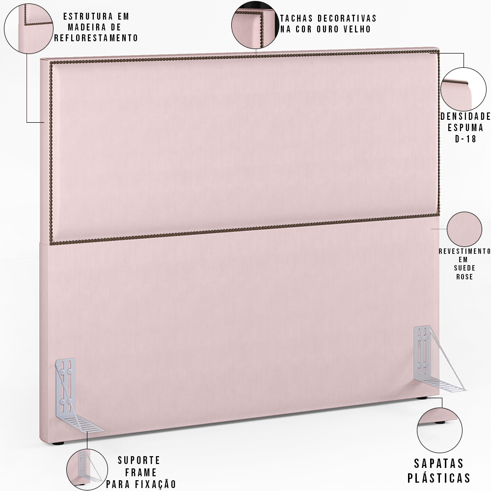 Cabeceira Cama Box Casal Com Tachas 140 cm Vicenza L02 Suede Rosê - Lyam Decor