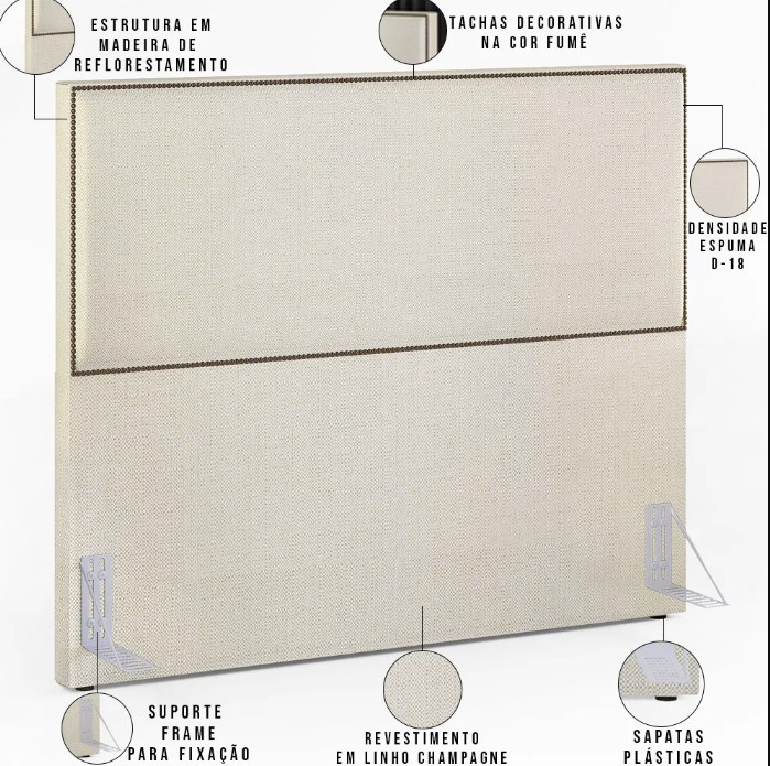 Cabeceira Cama Box Casal Com Tachas 160 cm Vicenza L02 Linho Champagne - Lyam Decor
