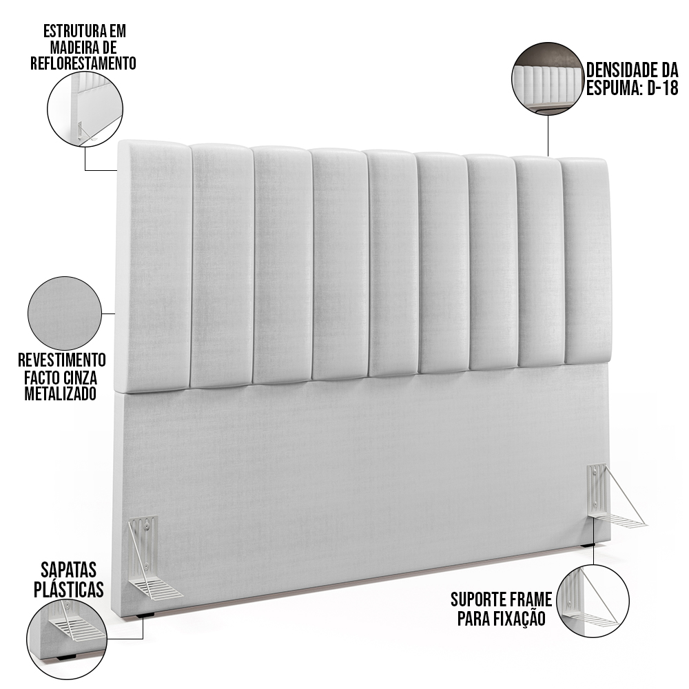 Cabeceira Cama Box Casal King 195 cm Dália W01 Facto Cinza Metalizado - Lyam Decor