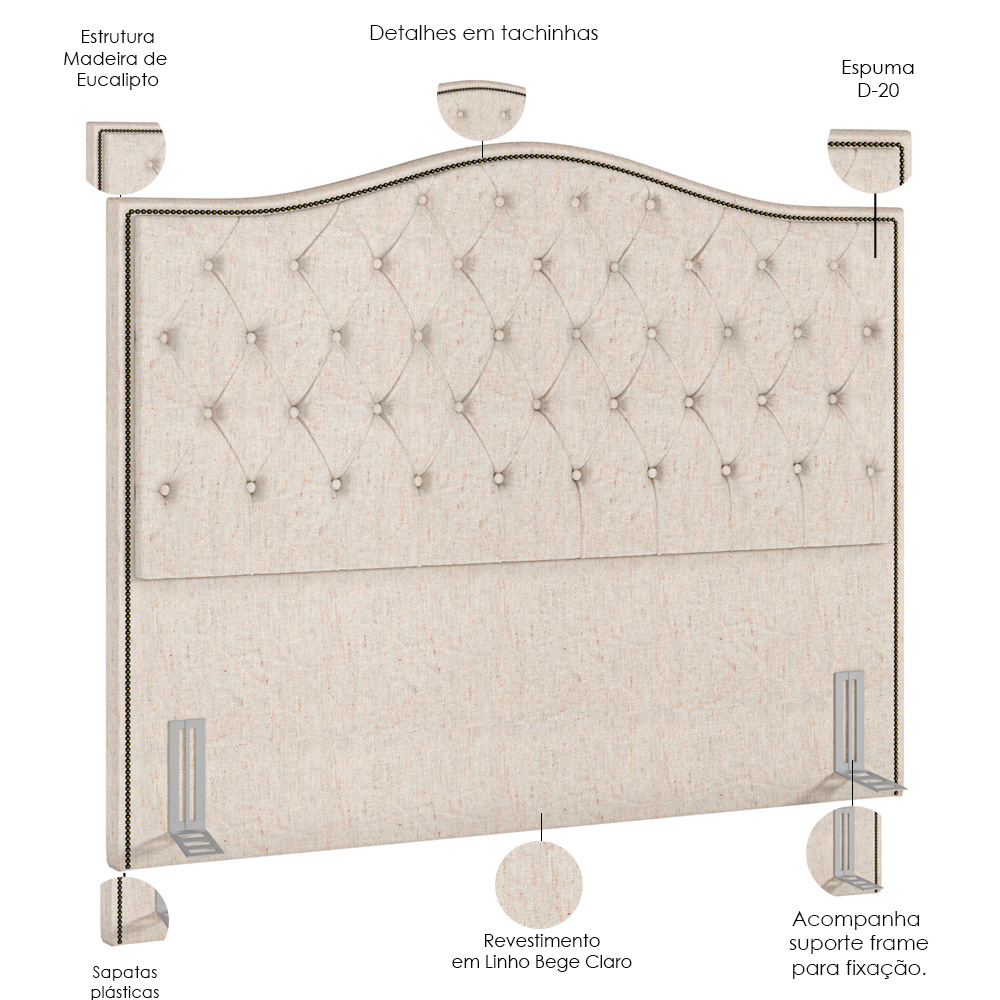 Cabeceira Cama Box Casal King 195 cm P05 Grécia Linho Bege Claro - Lyam Decor