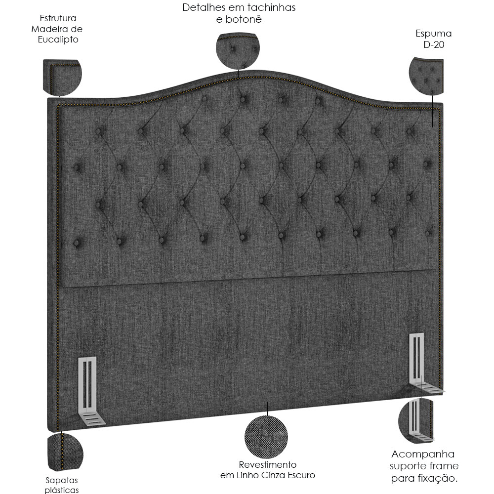 Cabeceira Cama Box Casal King 195 cm P05 Grécia Linho Cinza Escuro - Lyam Decor