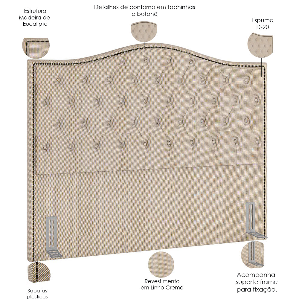 Cabeceira Cama Box Casal King 195 cm P05 Grécia Linho Creme - Lyam Decor