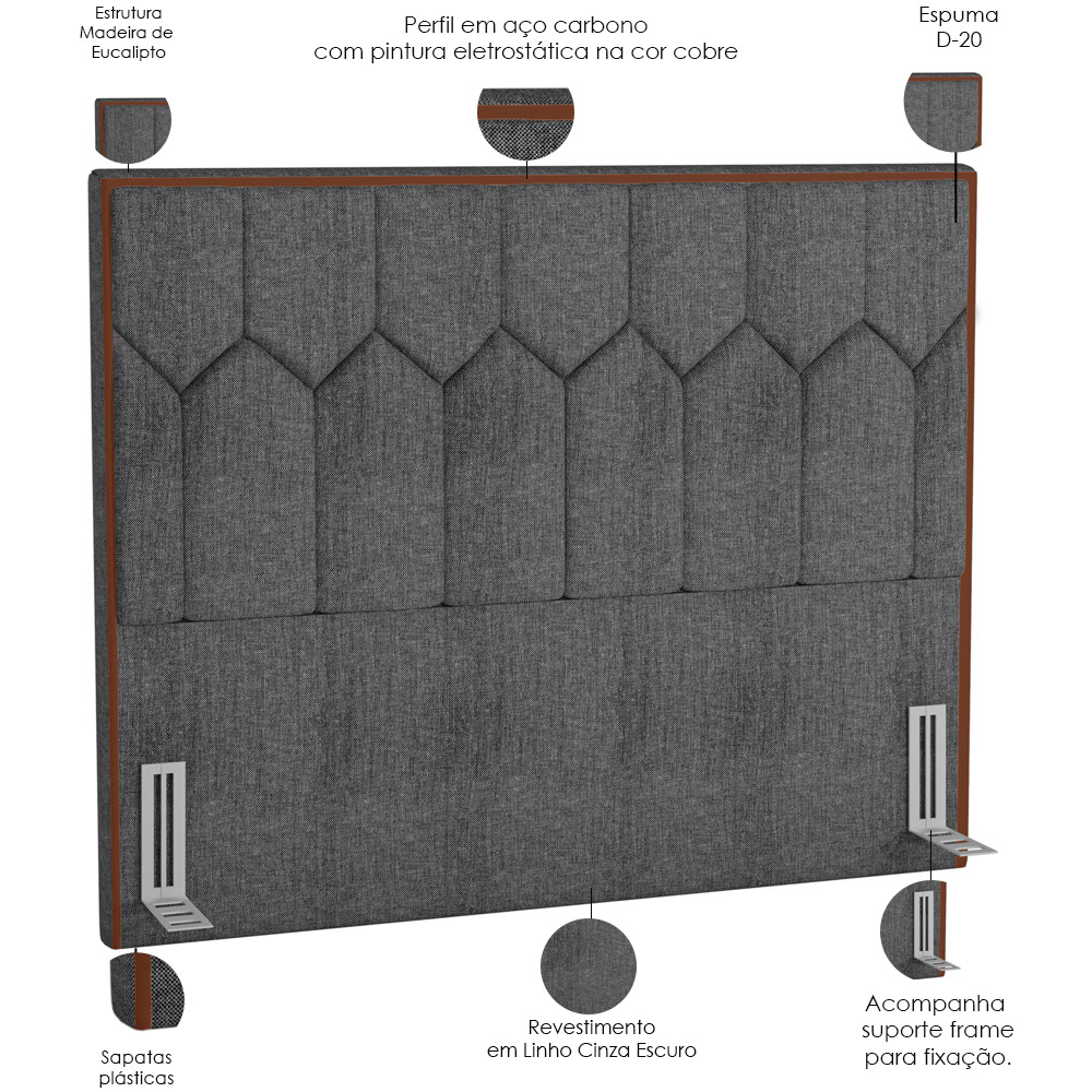 Cabeceira Cama Box Casal King 195 cm P05 Londres Linho Cinza Escuro - Lyam Decor